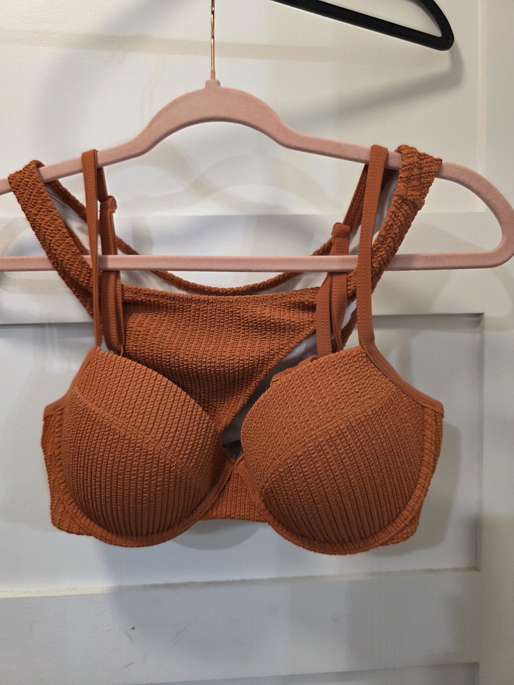 VS PINK Swimsuit Textured Ribbed Underwire Bra & Bikini Bottoms Sz L Terracotta